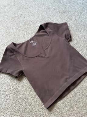 PacSun Brown Ribbed Cropped Notch-Neck Top
